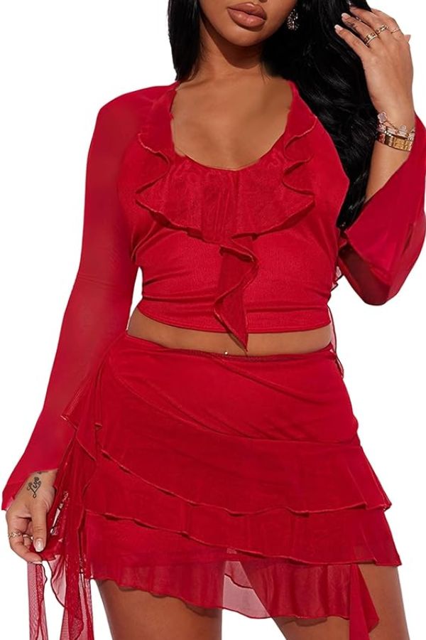 red ruffle two piece set